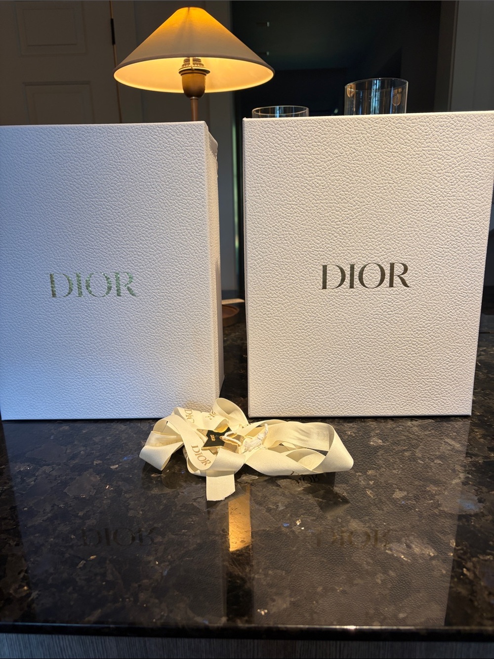Dior Cream Ribbon with Gold Star Charm and 2 White Textured Boxes